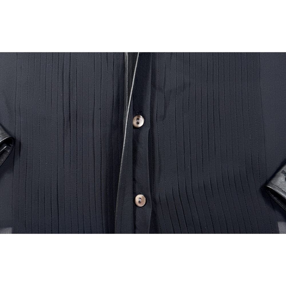 SAGAIE 90s VTG Paris black sheer long-sleeve tuxedo-style blouse leather trim - Picture 11 of 15